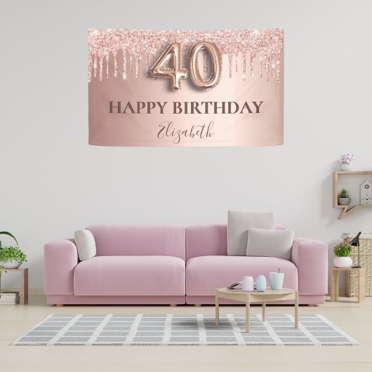 Banderoles 40e anniversaire rose or parties scintillant rose 