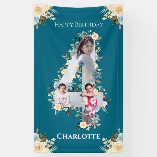 Banderoles 4e anniversaire Fleur Turquoise photo Collage bleu (Vertical)