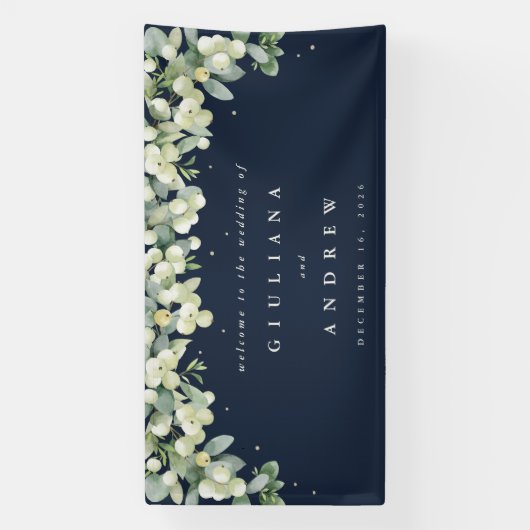 Banderoles 4'x8' Navy Snowberry+Eucalyptus Mariage Bienvenue (Verticale)