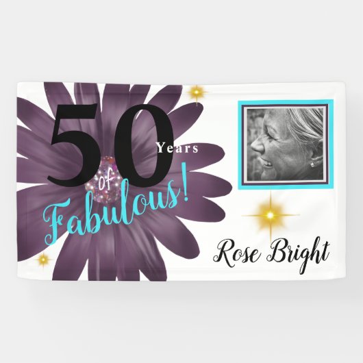 Banderoles 50 ans de Fabulous, marguerite violette sur blanc (Horizontal)