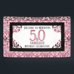 Banderoles 50 et Fabulous Black and Pink 50th Birthday Party<br><div class="desc">Cet élégant design de 50ème anniversaire présente un cadre rose et noir victorien orné avec l'expression 50 & fabuleux dessus. Ajoutez simplement le nom de la fille d'anniversaire,  le message de bienvenue et voilà !</div>