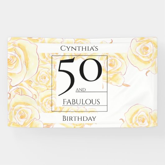 Banderoles 50 et nom fabuleux Rose jaune Floral Noir (Horizontal)