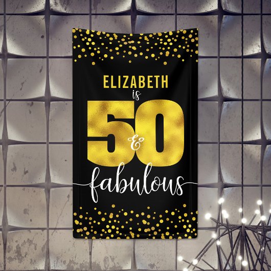 Banderoles 50 fabuleux anniversaire noir feuille d'or points