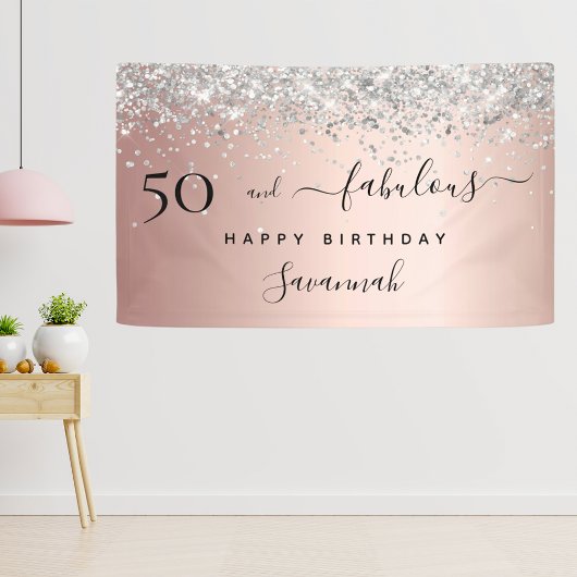 Banderoles 50 Fabuleux anniversaire rose or argent