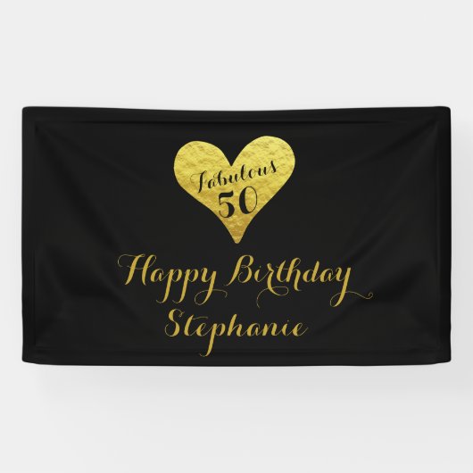 Banderoles 50e anniversaire Fabuleux 50 Noir | Coeur Or Faux (Horizontal)