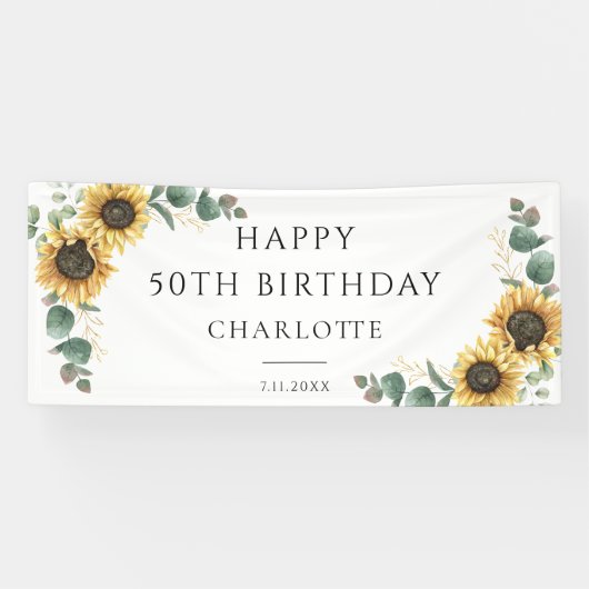 Banderoles 50e anniversaire Floral Sunflower Eucalyptus Party (Horizontal)