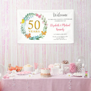Banderoles 50e anniversaire Golden Floral Wreath Mariage