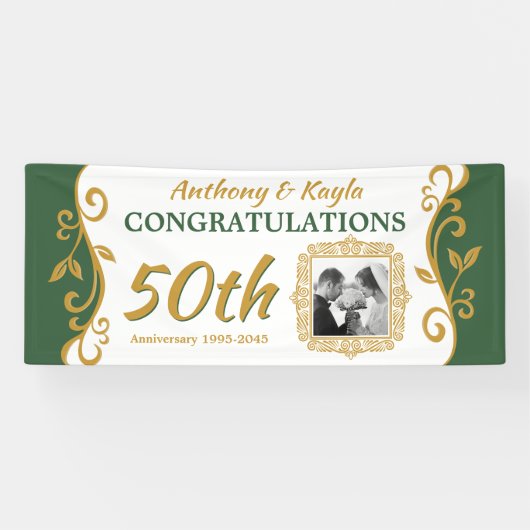 Banderoles 50e anniversaire Mariage Vert foncé Or fleurit (Horizontal)