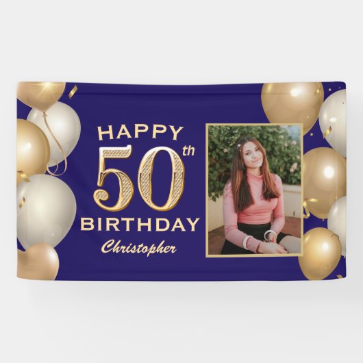 Banderoles 50e Anniversaire Marine Bleu et Ballons d'or (Horizontal)