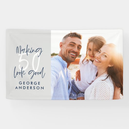 Banderoles 50e anniversaire moderne gris et bleu marine photo (Horizontal)