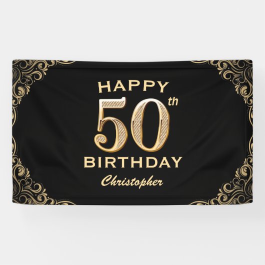 Banderoles 50e anniversaire Parties scintillant noir et or ca (Horizontal)