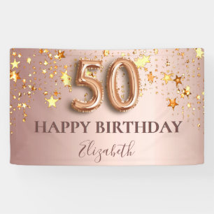Banderoles 50e anniversaire rose or étoiles script ballon ros