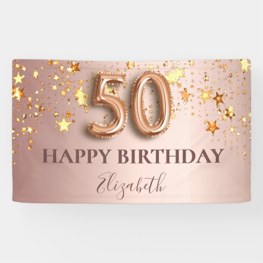 Banderoles 50e anniversaire rose or étoiles script ballon ros (Horizontal)
