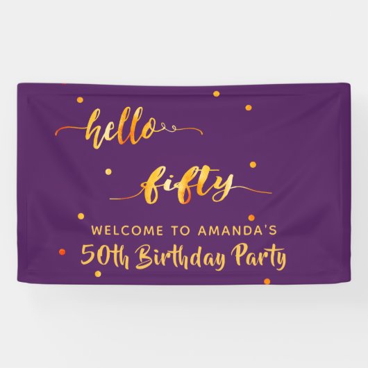 Banderoles 50e anniversaire violet or bonjour 50 nom script (Horizontal)