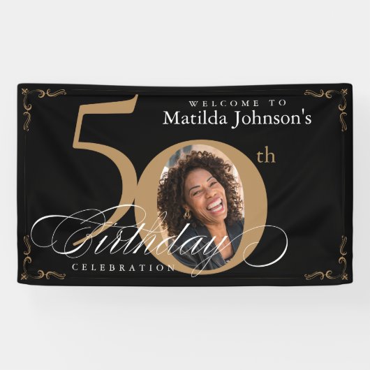 Banderoles 50ème Black Gold Elegant Calligraphie Photo Annive (Horizontal)