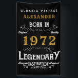 Banderoles 50th Birthday 1972 Ajouter le nom Black Gold Legen<br><div class="desc">Bannière d'anniversaire personnalisée. Ajoutez le nom à cette bannière d'anniversaire d'impression rétro de style vintage. Modifiez le nom et l'année avec le modèle fourni. Un magnifique mur d'anniversaire noir personnalisé accroché à la typographie vintage blanche et or. Plus de cadeaux et de fournitures de fête disponibles avec le design "légendaire"...</div>