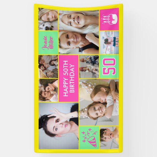Banderoles 50th Birthday Custom Photo Collage Neon Yellow (Vertical)