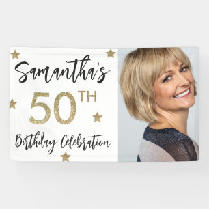 Banderoles 50th Birthday Stars Photo Gold Party Banner