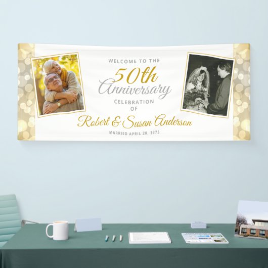 Banderoles 50th Wedding Anniversary Gold Bokeh Photo Welcome (Salon professionnel)