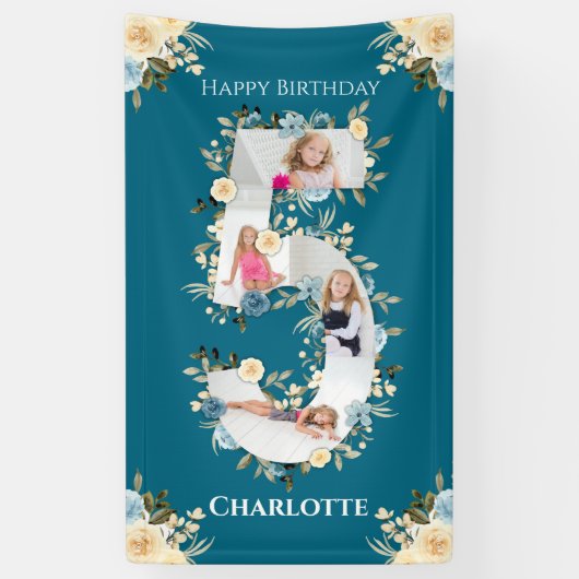 Banderoles 5e anniversaire Fleur Turquoise photo Collage bleu (Vertical)
