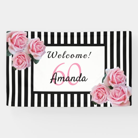 Banderoles 60e anniversaire fête noir rayures blanches floral (Horizontal)