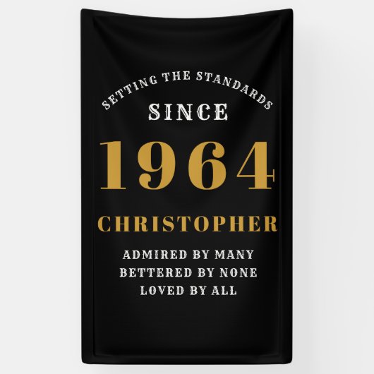 Banderoles 60e Anniversaire Né en 1964 Ajouter un nom Noir Or (Vertical)