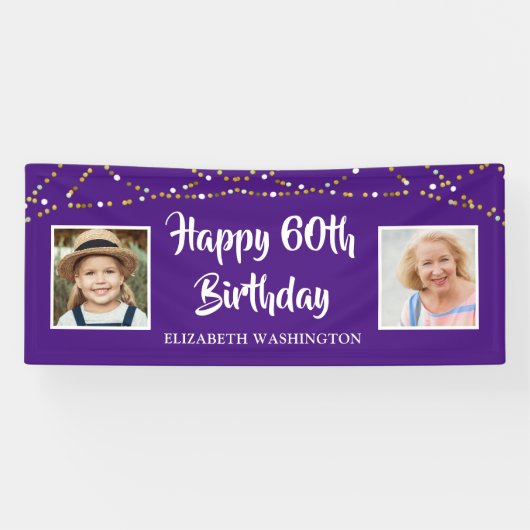 Banderoles 60e anniversaire String lumières Nom photo Purple (Horizontal)