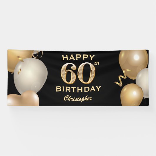 Banderoles 60e fête d'anniversaire Ballons noirs et or (Horizontal)