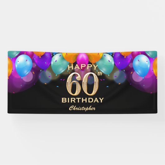 Banderoles 60e fête d'anniversaire Ballons noirs et or (Horizontal)