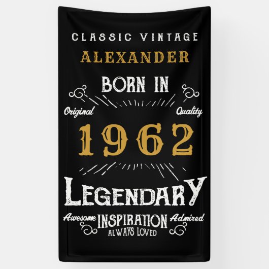 Banderoles 60th Birthday 1962 Ajouter le nom Black Gold Legen (Vertical)
