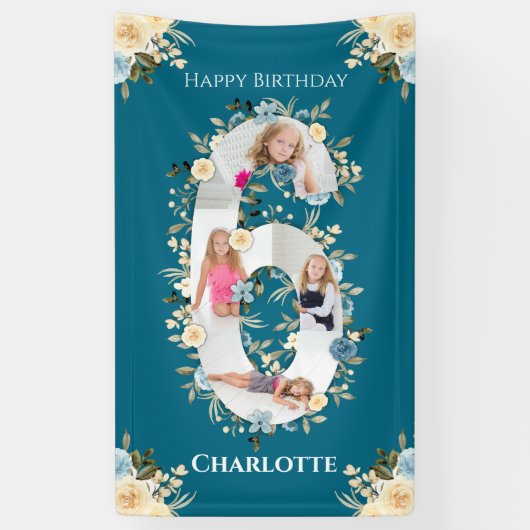 Banderoles 6e anniversaire Turquoise Fleur photo Collage bleu (Vertical)