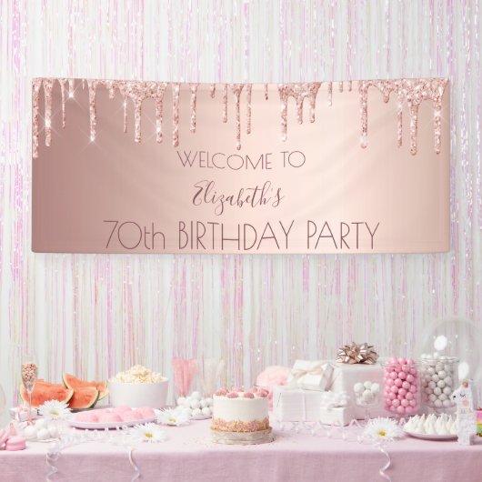 Banderoles 70e anniversaire blush rose or drips nom (Fête)
