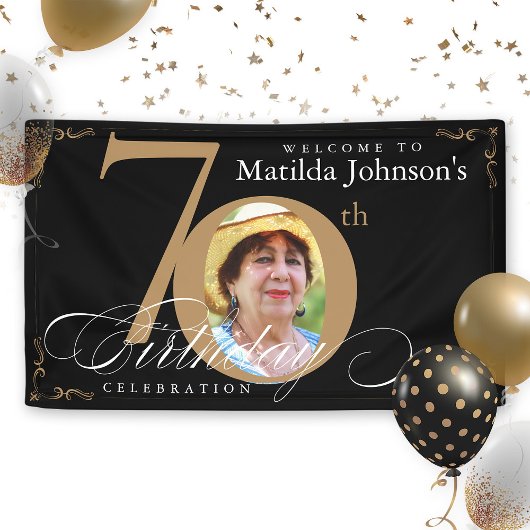 Banderoles 70e anniversaire Gold Black Calligraphy Photo pers