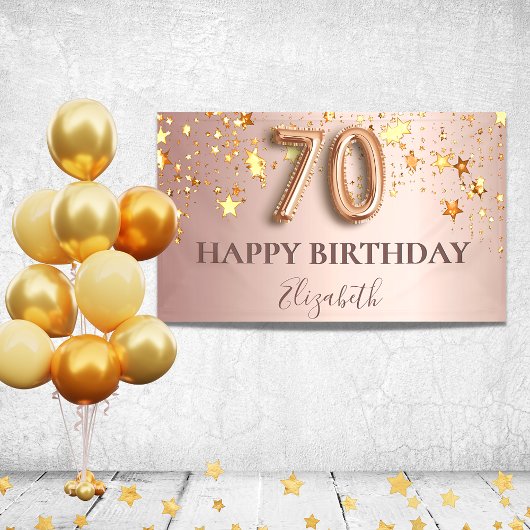 Banderoles 70e anniversaire rose or stars blush script party