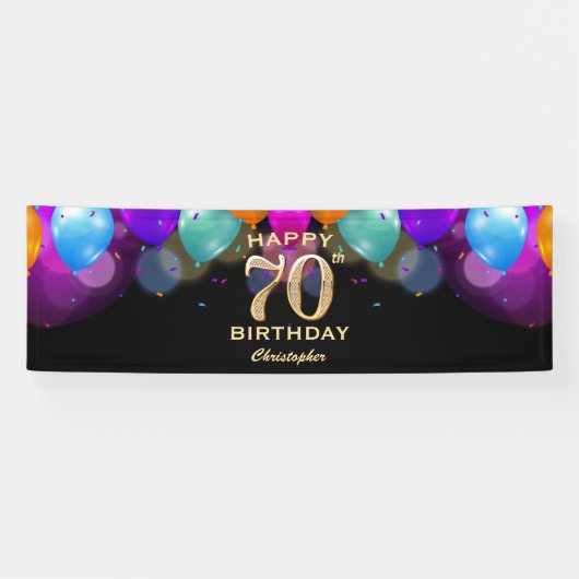 Banderoles 70e fête d'anniversaire Ballons noirs et or (Horizontal)