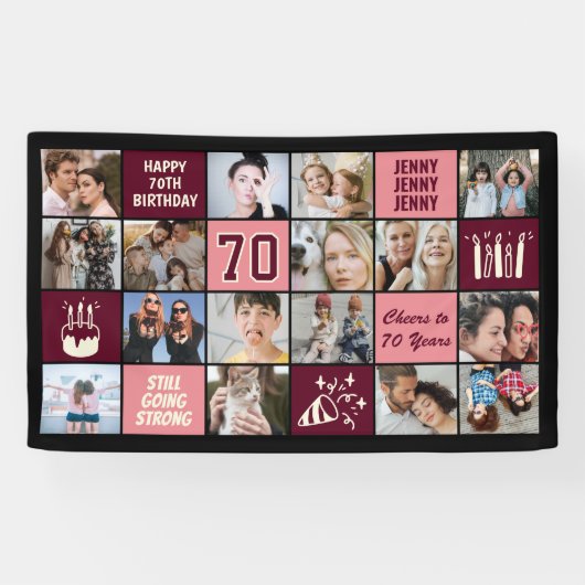 Banderoles 70th Birthday Photo Collage Custom Black Burgundy (Horizontal)