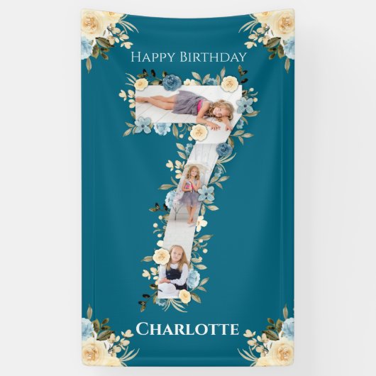 Banderoles 7e anniversaire Fleur Turquoise photo Collage bleu (Vertical)