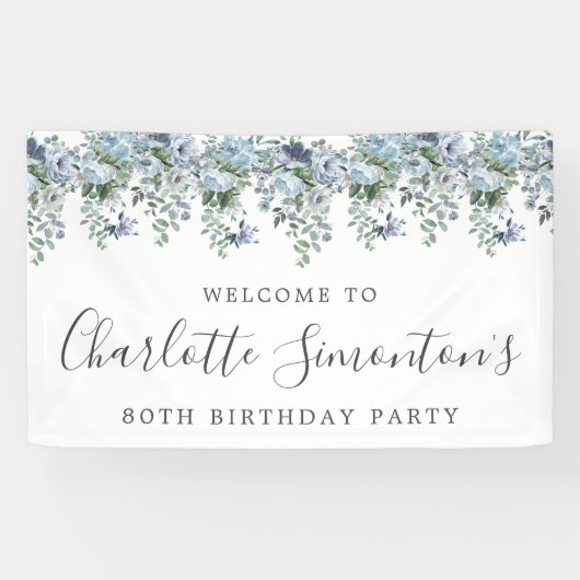 Banderoles 80e anniversaire Dusty Blue Floral Bienvenue (Horizontal)