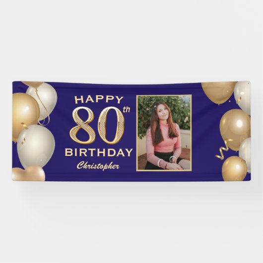 Banderoles 80e Anniversaire Marine Bleu et Ballons d'or (Horizontal)