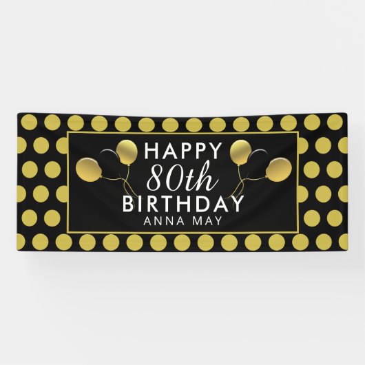 Banderoles 80e anniversaire Noir et or Pois Nom (Horizontal)