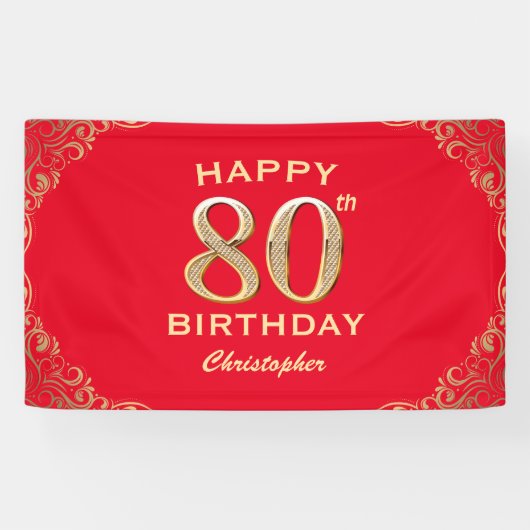 Banderoles 80e anniversaire Parties scintillant rouge et or (Horizontal)
