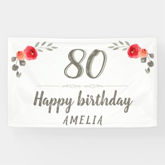 Banderoles 80e anniversaire Script Watercolor Rose Floral Par (Horizontal)