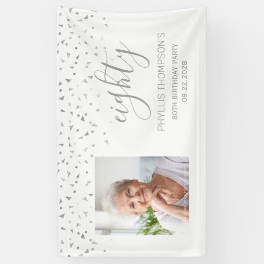 Banderoles 80e anniversaire White Silver Confetti Photo (Vertical)