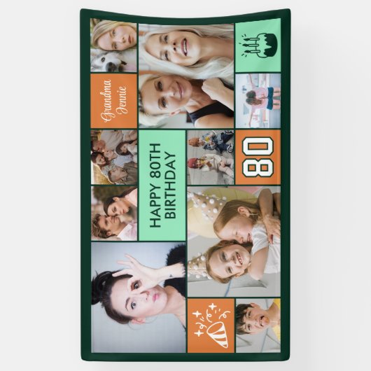 Banderoles 80th Birthday Custom Photo Collage Green Orange (Vertical)