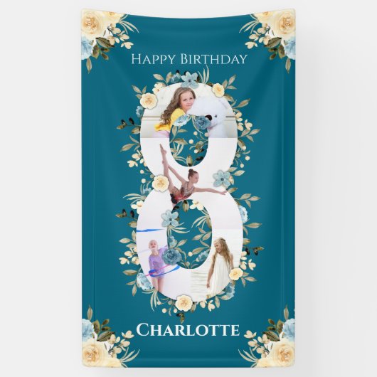 Banderoles 8e anniversaire Turquoise Fleur photo Collage bleu (Vertical)