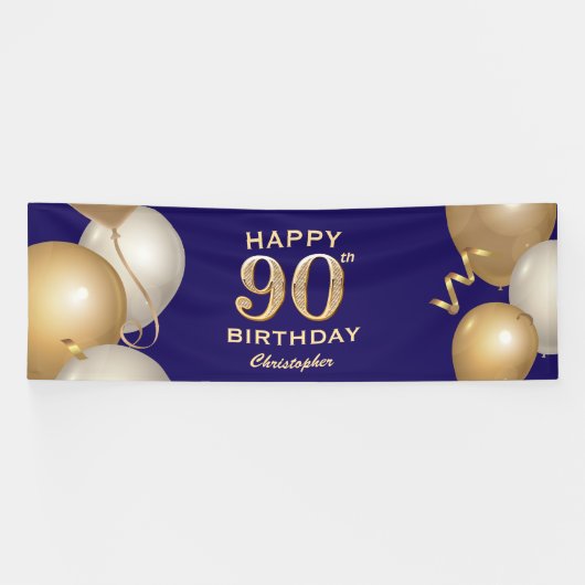 Banderoles 90e Anniversaire Marine Bleu et Ballons d'or (Horizontal)