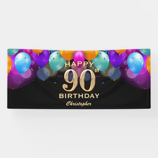 Banderoles 90e fête d'anniversaire Ballons noirs et or (Horizontal)