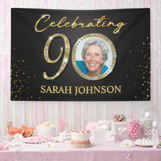 Banderoles 90th Birthday Banner, Black Gold Custom Photo 