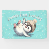 Banderoles Adorable bébé pingouin Anniversaire mignonne aquar (Horizontal)