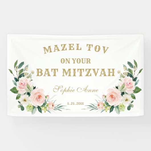 Banderoles Affiche de bienvenue Bat mitzvah de fleurs rose cr (Horizontal)